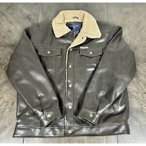 US Polo Assn Men's Size L Dark Brown Leather Bomber Jacket Sherpa Lined Coat